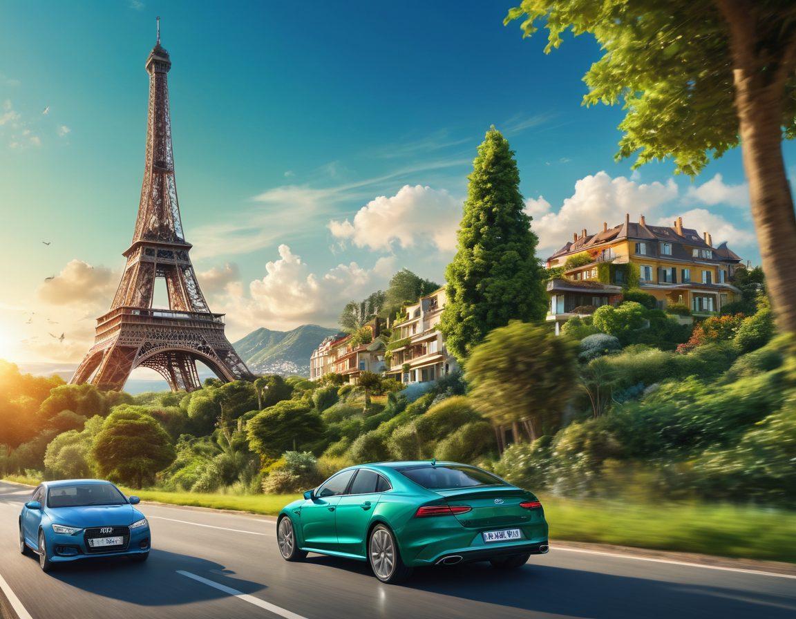 A dynamic collage showcasing various insurance sectors: a sleek auto insurance scene with a car on a highway, a vibrant travel insurance landscape featuring iconic landmarks like the Eiffel Tower and tropical beaches, and abstract representations of health and property insurance. Each sector seamlessly blends into the next, symbolizing EroTelki's diverse offerings. The background should have a gradient of blue and green, evoking a sense of security and adventure. vibrant colors. super-realistic.