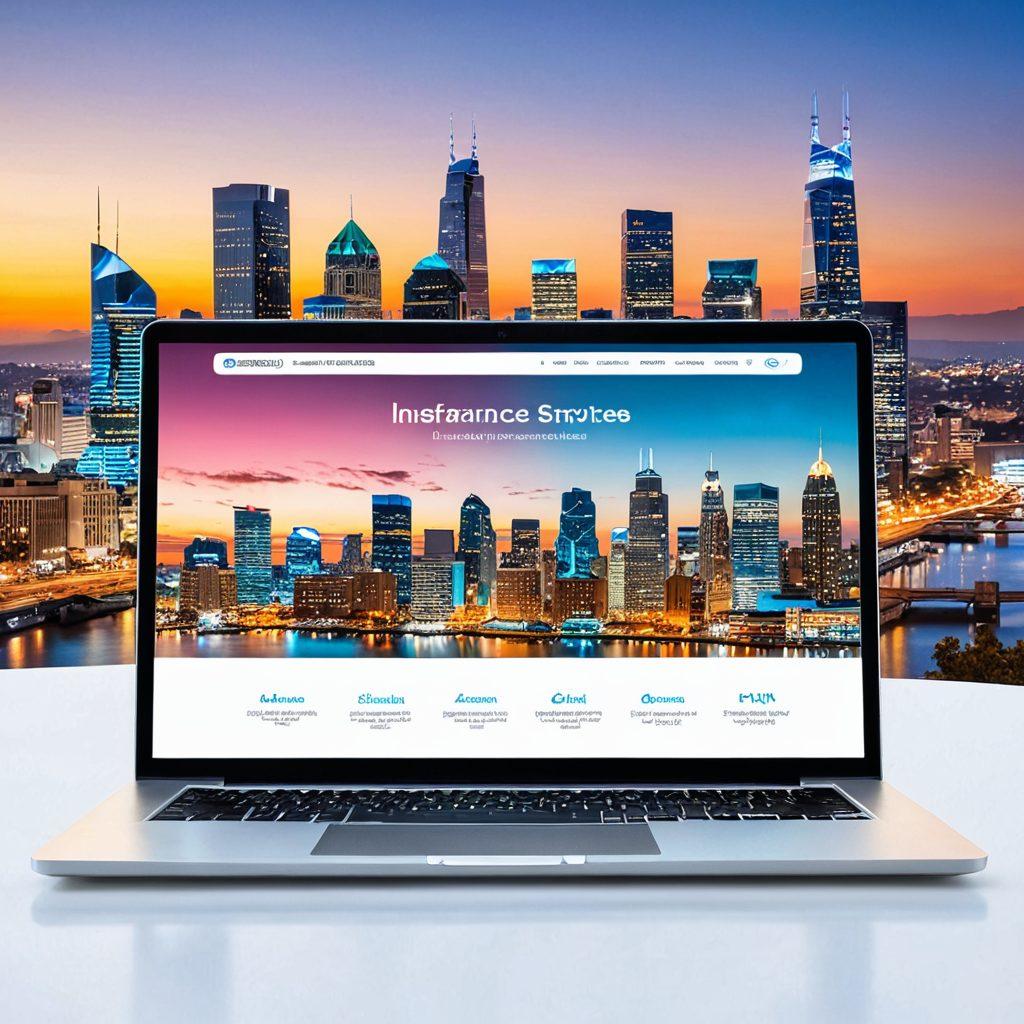 A modern, sleek laptop displaying the EroTelki website interface, surrounded by floating icons representing various insurance services like health, auto, and life insurance. In the background, a diverse group of satisfied customers are engaging with the services on their devices, showcasing the convenience of online insurance. Include a vibrant city skyline to symbolize innovation and progress. super-realistic. vibrant colors. white background.