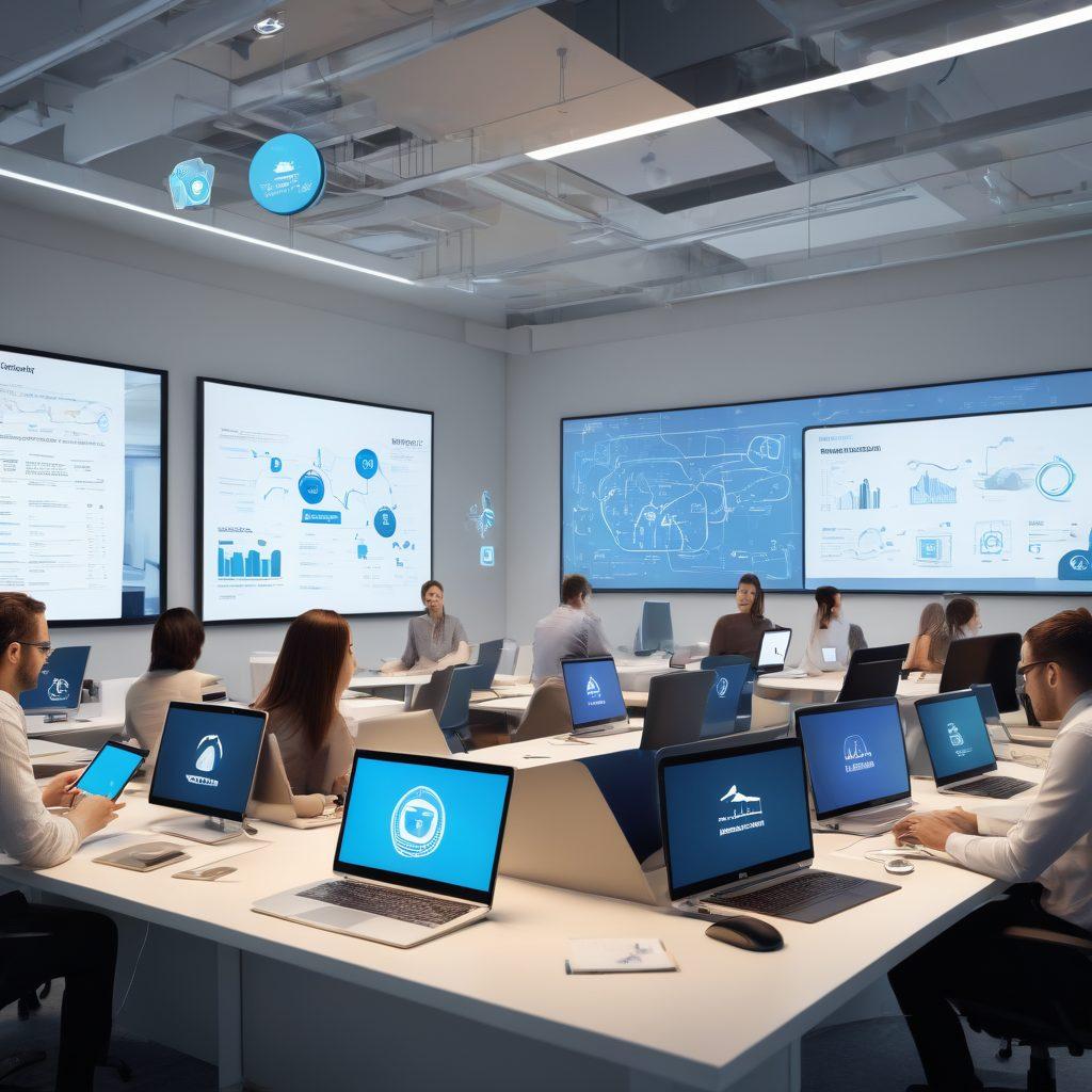 A modern office environment showcasing a diverse group of people collaborating on digital devices, surrounded by floating icons representing various insurance services such as health, auto, and home. A large digital screen displays user-friendly graphs and analytics, hinting at EroTelki's digital solutions. The overall atmosphere is bright and optimistic, emphasizing innovation and support. super-realistic. vibrant colors. 3D.